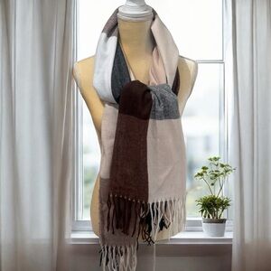 NEW Pashmina Neutral Colored Checkered Fringe 100% Cashmere Scarf Size 27x64